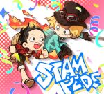  2boys a28841434 black_gloves black_hair blonde_hair blue_coat chibi closed_mouth coat commentary_request confetti fire floating gloves goggles goggles_on_headwear hat holding korean_commentary looking_at_another male_focus monkey_d._luffy multiple_boys one_piece one_piece:_stampede open_mouth red_shirt running sabo_(one_piece) sandals sash scar scar_on_face shirt smile straw_hat yellow_sash 