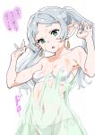  1girl bra bra_visible_through_clothes breasts commentary_request covered_nipples dissolving_clothes earrings elf frieren green_eyes grey_hair hands_up hashiguchi_takashi highres jewelry long_hair looking_down navel open_mouth panties pointy_ears see-through shirt side-tie_panties small_breasts solo sousou_no_frieren twintails underwear wet wet_clothes wet_shirt white_bra white_panties 