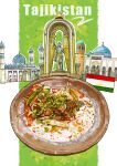  absurdres bmu_s building flag food food_focus highres meat middle_eastern_architecture no_humans original plate rice statue tajikistan_flag vegetable 