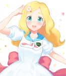  1girl aqua_eyes arm_up back_bow barrette blonde_hair blue_sailor_collar blush bow commentary_request dress flower hair_flower hair_ornament hairclip happy harohapi!_shinonome_megu-chan_no_oheya long_hair looking_at_viewer mito_tsubaki open_mouth outstretched_arm pink_flower puffy_short_sleeves puffy_sleeves red_bow sailor_collar sailor_dress shinonome_megu short_sleeves solo star_(symbol) starry_background upper_body virtual_youtuber white_dress 