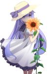  1girl azur_lane bangs black_sailor_collar brown_headwear covered_mouth dress flower frilled_dress frills hair_between_eyes hat hat_ribbon holding holding_flower long_hair looking_at_viewer looking_to_the_side orange_flower purple_eyes purple_hair purple_ribbon ribbon sailor_collar sailor_dress short_sleeves sidelocks simple_background solo standing straw_hat sukireto sunflower unicorn_(azur_lane) very_long_hair white_background white_dress 