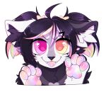  anthro black_body black_fur black_hair black_inner_ear_fluff black_nose blep bloominglynx bust_portrait claws closed_smile fangs female front_view fur hair heterochromia inner_ear_fluff looking_at_viewer mouth_closed multicolored_pawpads orange_pupils pawpads pink_eyes pink_pupils portrait pupils semi-anthro simple_background smile solo teeth tongue tongue_out tuft white_background white_body white_claws white_fur white_inner_ear_fluff yellow_eyes 