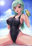  1girl aqua_eyes aqua_hair black_swimsuit blush breasts can cleavage collarbone covered_navel covered_nipples hair_ornament hairclip hand_on_own_chest highres kantai_collection kihou_no_gotoku_dmc large_breasts legs_apart long_hair looking_at_viewer one-piece_swimsuit open_mouth outdoors partially_submerged sideboob sitting soda_can solo suzuya_(kantai_collection) swimsuit 