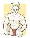  anjing_kampuss anthro anubian_jackal canid canine canis clothing eyebrows fur half-length_portrait hi_res jackal loincloth male mammal muscular muscular_anthro muscular_male portrait simple_background solo wawik white_body white_fur yellow_eyes 