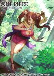  1girl bow breasts brown_hair cleavage commentary_request falling_feathers feathers floating_hair forest full_body hair_bow holding holding_shuriken holding_weapon japanese_clothes kimono leg_up looking_at_viewer nature obi official_art one_piece one_piece_card_game open_mouth pink_kimono purple_sash sandals sash scarf shinobu_(one_piece) shuriken smile solo sunohara_(encount) sword sword_on_back tree twintails weapon weapon_on_back yellow_scarf 