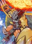  arm_up armor blue_background blue_sky claws cloud colored_skin digimon digimon_(creature) fireball gauntlets green_eyes highres horns looking_at_viewer mechanical_wings midair no_humans orange_skin oyomotin red_hair sky wargreymon wings 