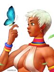  1girl armlet blue_eyes bracelet breasts brown_lips bug butterfly butterfly_on_hand cleavage criss-cross_halter dark-skinned_female dark_skin earrings elena_(street_fighter) halterneck highres hoop_earrings jewelry medium_breasts mismatched_eyebrows mole mole_on_breast neck_ring quasimodox short_hair sideboob solo street_fighter street_fighter_iii_(series) toned upper_body very_dark_skin very_short_hair white_background white_hair 