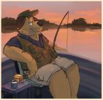 2024 anthro beverage black_clothing black_eyes black_nose black_shirt black_topwear bluey_(series) boat bottomwear brown_body brown_ears brown_fur calm can canid canine canis clothed clothing container digital_media_(artwork) domestic_dog fishing fishing_rod fur green_clothing green_hat green_headwear green_topwear green_vest grey_bottomwear grey_clothing grey_shorts half-closed_eyes hat headgear headwear hi_res lake male mammal mastiff molosser narrowed_eyes outside pie_(food) plate shaibey shirt shorts sitting smile solo sparky_(bluey) sunset topwear vehicle vest water watercraft