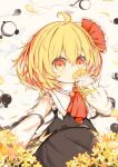  1girl absurdres ahoge ascot black_skirt black_vest commentary_request crossed_bangs flower hair_between_eyes hair_ribbon highres long_sleeves looking_at_viewer red_ascot red_ribbon ribbon ro.ro rumia shirt short_hair skirt solo touhou vest white_shirt yellow_eyes yellow_flower 