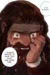  1boy beard big_nose brown_hair colorized crying dungeon_meshi dwarf english_text facial_hair hair_slicked_back hand_on_own_face highres iiloffy kui_ryouko long_beard long_hair male_focus no_headwear portrait sanpaku senshi_(dungeon_meshi) solo speech_bubble spoilers streaming_tears tears thick_mustache third-party_edit very_long_beard wiping_tears 