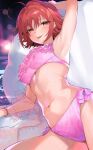  1girl :p ahoge arm_up armpits bikini breasts frilled_bikini frills highres idolmaster idolmaster_cinderella_girls koyo_akio large_breasts looking_at_viewer navel night nishijima_kai orange_eyes outdoors pink_bikini poolside red_hair short_hair smile solo swimsuit tongue tongue_out water 