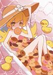  1girl bathtub blonde_hair cotton_1186 doughnut flat_chest food hat highres long_hair looking_at_viewer monogatari_(series) mouth_hold nude oshino_shinobu rubber_duck solo water yellow_eyes 