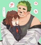  1boy 1girl bara bare_shoulders blush brown_hair coat couple covering_face earrings eyebrow_piercing facial_hair facing_viewer female_protagonist_(live_a_hero) goatee_stubble green_hair grey_jacket grey_tank_top grigory_(live_a_hero) hair_between_eyes heart hetero hug jacket jewelry katou_hsm153 light_green_background live_a_hero multicolored_hair necktie outline parted_hair piercing plump ponytail red_necktie short_hair sideburns_stubble simple_background size_difference spoken_heart stubble tank_top thick_eyebrows twitter_username two-tone_hair upper_body white_coat white_outline 