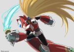  1boy armor blonde_hair blue_eyes energy_sword feet_out_of_frame forehead_jewel grey_background helmet highres holding holding_sword holding_weapon kakikuyeko3181 long_hair looking_at_viewer male_focus mega_man_(series) mega_man_x_(series) red_armor red_helmet shoulder_armor simple_background solo sword weapon z_saber zero_(mega_man) 