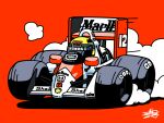  1boy ayrton_senna car chibi driving formula_one highres mclaren mclaren_mp4/4 motor_vehicle real_life red_background satosio shadow shell_(company) signature simple_background smoke solo spoiler_(automobile) yellow_helmet 