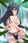  1girl adjusting_clothes adjusting_swimsuit ass backless_outfit bare_shoulders black_hair blush braid breasts erune granblue_fantasy highres long_hair looking_at_viewer lunarscent nier_(granblue_fantasy) one-piece_swimsuit open_mouth partially_submerged red_eyes sideboob smile solo swimsuit twin_braids water waterfall wet 