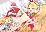  &gt;_&lt; 1girl absurdres bikini bikini_top_lift blonde_hair chibi clothes_lift commentary_request demon_girl demon_tail disgaea earrings embarrassed flat_chest flonne flonne_(fallen_angel) flower hair_flower hair_ornament heart heart_earrings highres jank365m jewelry light_censor long_hair looking_at_viewer lying multiple_views navel on_back open_mouth paid_reward_available pointy_ears red_bikini red_eyes red_wings smile swimsuit tail very_long_hair wings 