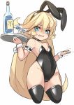  1girl animal_ears bare_shoulders black_leotard blonde_hair blue_eyes bunny_ears bunny_girl charlotta_fenia fake_animal_ears granblue_fantasy harvin karukan_(monjya) leotard long_hair pointy_ears solo strapless strapless_leotard wrist_cuffs 