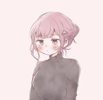  1girl alternate_costume black_sweater blunt_bangs blush breasts danganronpa_(series) danganronpa_2:_goodbye_despair frown grey_background highres large_breasts long_sleeves nanami_chiaki pink_eyes short_hair simple_background solo spaceship_hair_ornament sweater yuki_maru_(yukimaru_1) 