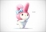  artist_name black_eyes bow closed_mouth ear_bow flower grey_background holding holding_flower k-suwabe my_melody no_humans onegai_my_melody rabbit sanrio simple_background smile solo standing white_flower 