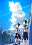  2girls bag black_hair black_rock_shooter black_socks blue_skirt blue_sky green_eyes highres kuroi_mato kuthi0510 medium_hair multiple_girls school_uniform short_twintails shoulder_bag skirt sky socks takanashi_yomi twintails white_socks 