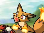  canid canine eating feral fire food fox foxparks fruit happy hi_res jam-filled_bun mammal outside pal_(species) palworld plant pocketpair waving_tail yuumisocute 