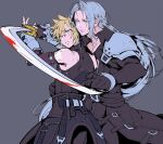  2boys aqua_eyes bangle black_coat black_gloves black_shirt blonde_hair blood blood_on_face blood_on_weapon bracelet cloud_strife coat cosplay final_fantasy final_fantasy_vii final_fantasy_vii_ever_crisis fingerless_gloves gloves grey_background grey_hair hair_between_eyes hand_on_another&#039;s_stomach highres holding holding_sword holding_weapon ippus jewelry katana long_coat long_hair long_sleeves male_focus multiple_boys parted_bangs parted_lips sephiroth sephiroth_(cosplay) sephiroth_(edged_wings) shirt short_hair sleeveless sleeveless_turtleneck spiked_hair sword turtleneck weapon yaoi 