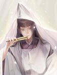  1boy aegyo_sal bishounen black_hair closed_mouth earrings folding_fan fujiwara_no_sai grey_eyes hand_fan hat hikaru_no_go holding holding_fan japanese_clothes jewelry kariginu kimono long_hair long_sleeves looking_at_viewer male_focus mizutame_tori purple_kimono smile solo tate_eboshi upper_body white_background white_veil wide_sleeves 