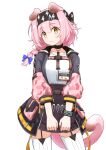  1girl animal_ears arknights black_bow black_collar black_hairband black_skirt blue_bow bow bracelet braid breasts cat_ears cat_girl cat_tail collar commentary_request contrapposto garter_straps goldenglow_(arknights) grey_jacket hair_between_eyes hair_bow hair_ornament hairband hairclip head_tilt high-waist_skirt id_card jacket jewelry lightning_bolt_print long_hair looking_at_viewer miniskirt multicolored_clothes multicolored_jacket open_clothes open_jacket pink_hair pink_jacket pleated_skirt pocket print_bow print_hairband puffy_sleeves shirt side_braid simple_background single_braid skirt sleeves_past_elbows solo tail thighhighs twitter_username wavy_mouth white_background white_shirt white_thighhighs yellow_eyes youdie 