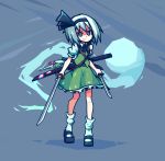  dual_wielding flower fog green_skirt highres holding katana konpaku_youmu sandals silver_hair skirt smallendu2 socks sword touhou weapon 