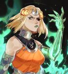  1girl ancient_greek_clothes asymmetrical_arms black_sclera blonde_hair bone colored_sclera dress glowing_arm greco-roman_clothes green_lips hades_(series) hades_2 highres laurel_crown melinoe_(hades) mismatched_sclera orange_dress rorokonaa see-through_body skeletal_arm solo 