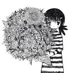 1girl bouquet closed_mouth commentary dot_nose expressionless greyscale hair_ornament hairclip holding holding_bouquet long_sleeves looking_at_viewer mob_face monochrome original shirt short_hair short_twintails simple_background solid_oval_eyes solo striped_clothes striped_shirt symbol-only_commentary twintails upper_body white_background zozoru 