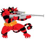 absurd_res anthro arm_tuft barefoot bent_legs black_body black_fur bright_colors caimanresurgunt claws crotch_tuft eyebrows feet fire fur generation_7_pokemon green_eyes gun hi_res holding_object holding_weapon incineroar male muscular muscular_male nintendo nude pokemon pokemon_(species) ranged_weapon red_body red_fur red_nose rifle shoulder_tuft smile smirk sniper_rifle solo tail teeth text tuft weapon white_claws yellow_sclera