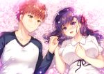  1boy 1girl :d absurdres bangs blush bow breasts brown_hair closed_mouth collared_dress commentary_request dress emiya_shirou eye_contact eyebrows_visible_through_hair fate/stay_night fate_(series) flower hair_between_eyes hair_bow heaven&#039;s_feel highres holding_hands long_hair long_sleeves looking_at_another lying matou_sakura medium_breasts on_back open_mouth pink_flower puffy_short_sleeves puffy_sleeves purple_eyes purple_hair raglan_sleeves red_bow shirt short_sleeves smile suzunone_rena upper_body white_dress white_shirt yellow_eyes 