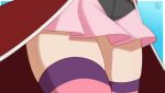  1girl blue_background kamijou_ehoko miniskirt pink_skirt signature simple_background skirt striped_clothes striped_thighhighs thigh_focus thighhighs yhx5f2kuond0ddi yu-gi-oh! yu-gi-oh!_go_rush!! 