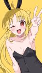  1girl ;d animal_ears armpits bare_shoulders blonde_hair blush bocchi_the_rock! breasts highres hikentai0112 ijichi_nijika long_hair looking_at_viewer one_eye_closed open_mouth ponytail rabbit_ears red_eyes simple_background small_breasts smile solo v yellow_background 