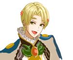  1boy alfred_(fire_emblem) ascot blonde_hair blue_cape cape circlet fire_emblem fire_emblem_engage green_eyes meegon01 open_mouth orange_gemstone prince solo yellow_ascot 