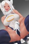  1girl animal_ear_fluff animal_ears bare_shoulders boku_no_hero_academia breasts breath covered_navel dark-skinned_female dark_skin fur_collar highres jtveemo large_breasts leotard looking_at_viewer mirko partially_visible_vulva pussy rabbit_ears rabbit_girl red_eyes solo spread_pussy squatting sweat thick_thighs thighhighs thighs tiptoes tongue tongue_out white_hair 
