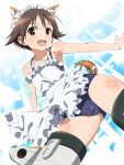  1girl animal_ears apron armpits ass_visible_through_thighs bangs blue_swimsuit brown_eyes brown_hair crotch_seam dog_ears dog_tail extra_ears flying highres light_blush looking_at_viewer maid_apron maid_headdress miyafuji_yoshika old_school_swimsuit one-piece_swimsuit open_mouth pink_x roundel school_swimsuit short_hair smile solo strike_witches striker_unit swimsuit tail white_apron world_witches_series 