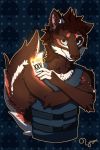  2:3 abstract_background anthro axel_lockwood brown_body brown_fur brown_nose bulletproof_vest canid canine canis card fire fur hi_res looking_at_viewer male mammal orange_body orange_fur payday_(series) payday_2 playing_card smug solo white_body white_fur wolf yogert 
