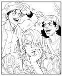  3boys cigarette commentary curly_eyebrows curly_hair eyelashes facial_hair goatee goggles goggles_around_neck greyscale hand_on_own_chin hat holding holding_cigarette long_nose looking_at_viewer male_focus monkey_d._luffy monochrome multiple_boys mush820823 one_piece open_clothes open_mouth open_shirt sanji_(one_piece) scar scar_on_face smile sparkle straw_hat usopp wristband 