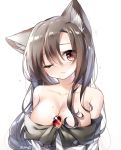  1girl ;( animal_ear_fluff animal_ears artist_name bangs bare_shoulders blush breasts brown_hair cleavage collarbone commentary_request dress eyebrows_visible_through_hair hair_between_eyes highres imaizumi_kagerou large_breasts long_hair looking_at_viewer nose_blush off-shoulder_dress off_shoulder pudding_(skymint_028) red_eyes signature simple_background solo sweat tears touhou upper_body white_background white_dress wolf_ears 