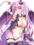  1girl :d absurdres anneliese areola_slip arm_at_side bare_shoulders belt_bra black_thighhighs blush breasts cleavage commentary_request cowboy_shot curled_horns demon_girl demon_horns demon_tail demon_wings eyes_visible_through_hair forward_facing_horns hair_between_eyes hair_ribbon hand_on_own_chest hand_up head_tilt heart heart_o-ring highres horns huge_breasts kimagure_temptation long_hair looking_at_viewer navel o-ring o-ring_thigh_strap open_mouth pink_eyes pink_hair revision ribbon simple_background smile solo tail takagi-18102817 thigh_strap thighhighs tsurime twintails very_long_hair white_background wings 
