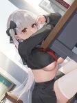  1girl azur_lane black_sailor_collar black_serafuku book breasts crop_top dutch_angle formidable_(azur_lane) formidable_(the_lover&#039;s_heart_flutters_on_duty)_(azur_lane) grey_hair highres jiuxiaocan_yin large_breasts long_hair looking_at_viewer neckerchief official_alternate_costume red_eyes red_neckerchief sailor_collar school_uniform serafuku sitting solo thighhighs twintails two-sided_ribbon two-tone_ribbon underboob very_long_hair white_thighhighs 