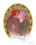  5altybitter5 brown_cape brown_shirt cape closed_eyes copyright_request fingernails kiss purple_hair red_hair scabbard sheath shirt 