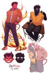  2boys ^_^ black_hair black_pants black_skin blush broken_horn cardigan chibi chibi_inset closed_eyes colored_skin couple cropped_legs damien_lavey_(monster_prom) demon_boy demon_horns demon_tail eye_contact fire full_body gael_(gaelbagel) grin hand_in_pocket hand_on_own_hip highres horns jacket looking_at_another looking_to_the_side male_focus monster_prom multiple_boys muscular muscular_male no_mouth one_eye_closed orange_jacket oz_(monster_prom) pants red_skin ship_name shirt short_hair simple_background sitting sitting_on_table sketch smile tail thick_eyebrows white_background white_shirt yaoi yellow_cardigan yellow_eyes 