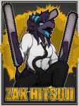  anthro black_body blue_eyes bottomwear canid canine canis chainsaw chainsaw_arm chainsaw_man clothing hi_res male mammal necktie pants power_tool shirt solo tongue tongue_out tools topwear wolf zak_(zak_hitsuji) zak_hitsuji 