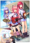  1boy 2girls angel_beats! badge blue_eyes blue_sailor_collar blue_skirt choker commentary_request cosplay cross-laced_footwear crossdressing demon_tail dutch_angle electric_guitar green_eyes guitar hair_ribbon highres instrument irie_(angel_beats!) irie_(angel_beats!)_(cosplay) iwasawa iwasawa_(cosplay) leg_belt long_hair looking_at_viewer medium_hair multiple_girls nakamura_hinato neck_ribbon one_eye_closed original otoko_no_ko pink_hair pink_ribbon pleated_skirt purple_eyes purple_hair red_hair ribbon sailor_collar school_uniform serafuku shinda_sekai_sensen_uniform skirt sparkle tail tokyo_big_sight translation_request two_side_up yui_(angel_beats!) yui_(angel_beats!)_(cosplay) 