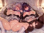  2girls after_sex black_pantyhose blush breasts brown_pantyhose closed_mouth clothes_lift cum cum_in_pussy gloves highres indoors kneehighs large_breasts long_hair long_sleeves lying maid maid_headdress multiple_girls navel nipples non-web_source on_back on_bed open_mouth original pantyhose pillow pussy shiokonbu skirt skirt_lift smile socks stomach thighs torn_clothes torn_pantyhose white_gloves white_socks 