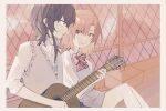  2girls acoustic_guitar asanagi_yori black_hair bow bowtie chain-link_fence collared_shirt commentary dusk fence grey_skirt grey_sweater_vest guitar hashtag-only_commentary highres holding holding_guitar holding_instrument instrument kino_himari long_hair medium_hair multiple_girls on_roof orange_eyes orange_hair outdoors parted_lips red_bow red_bowtie sasayaku_you_ni_koi_wo_utau school_uniform shirt sitting skirt sleeves_rolled_up smile sweater_vest toumeiii white_shirt 